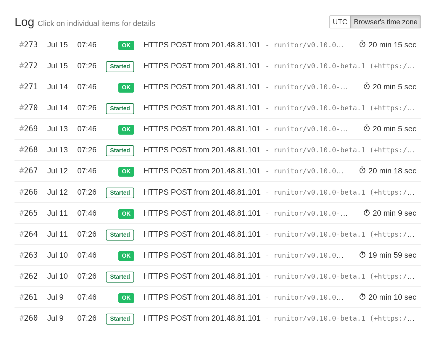 Log of received pings with durations